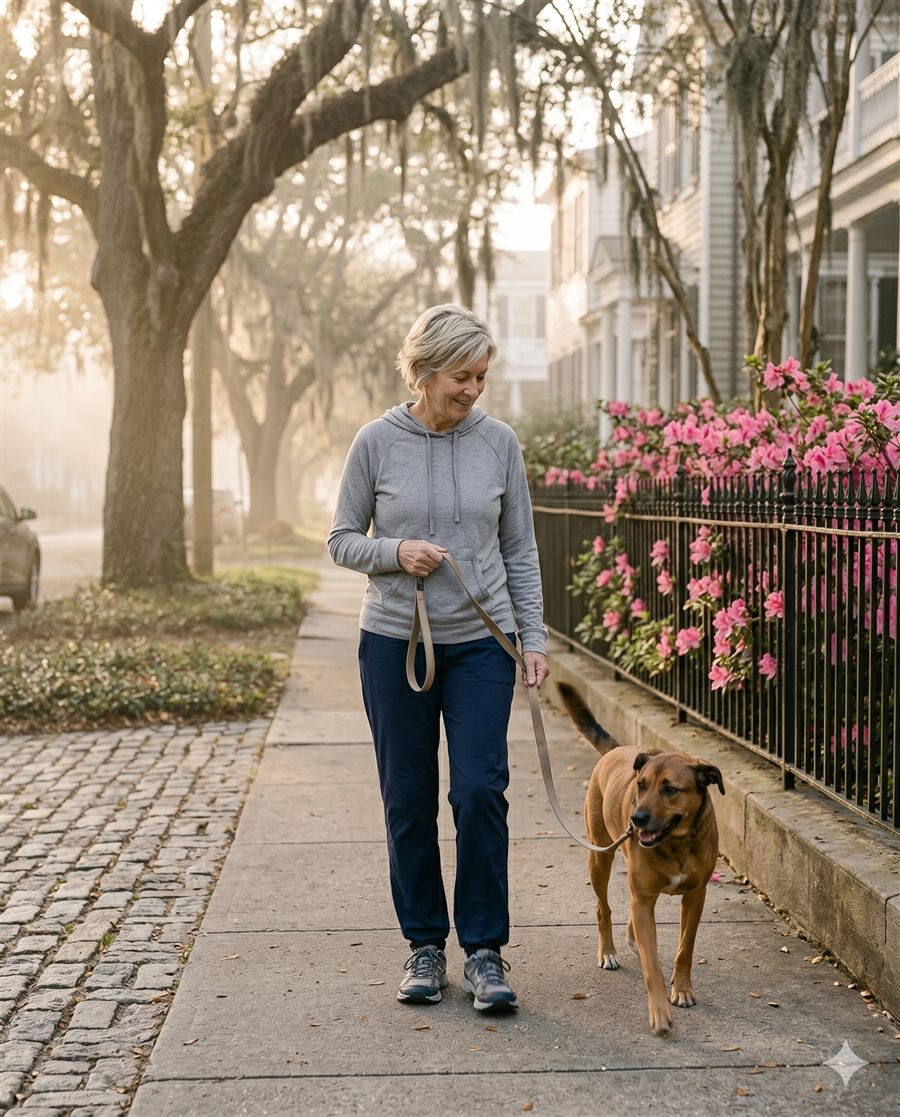 Patricia walking her dog Murphy down a tree-lined Charleston street in the morning light